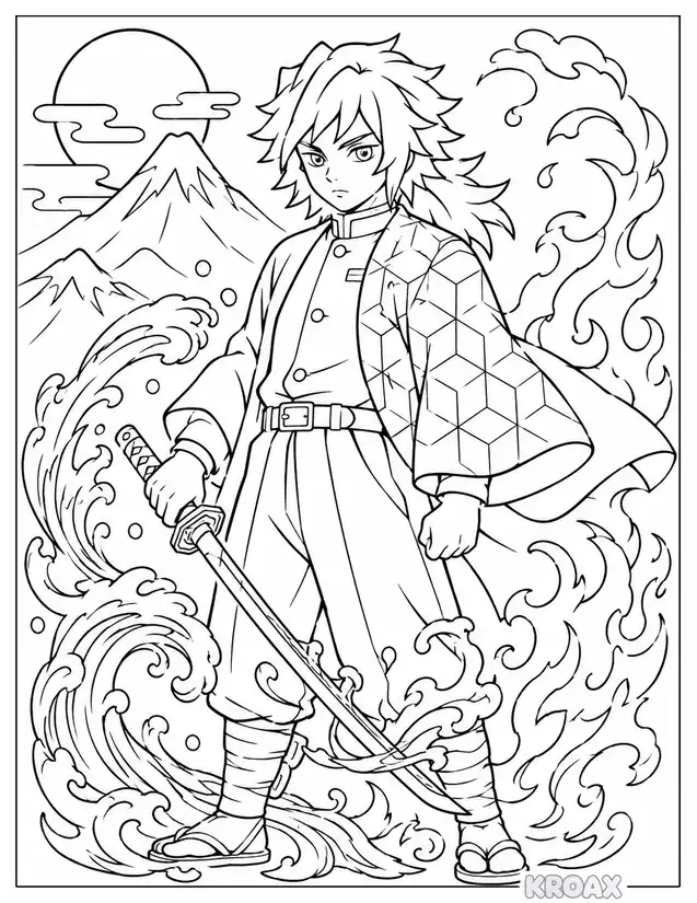 hashira breathing elements nature landscape printable coloring page