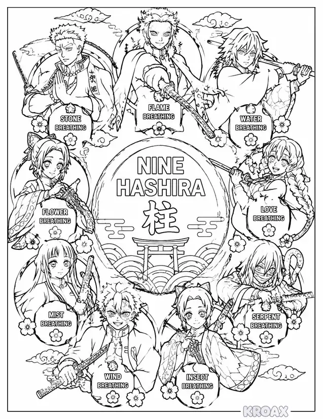 hashira breathing powers collage printable coloring page