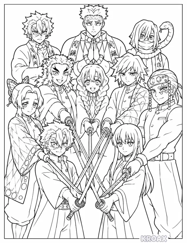 hashira warriors united formation printable coloring page