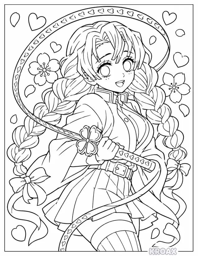 mitsuri kanroji heart pattern design printable coloring page