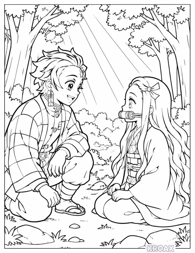 nezuko and tanjiro reunion scene printable coloring page