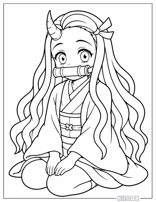nezuko kamado cute pose printable coloring page