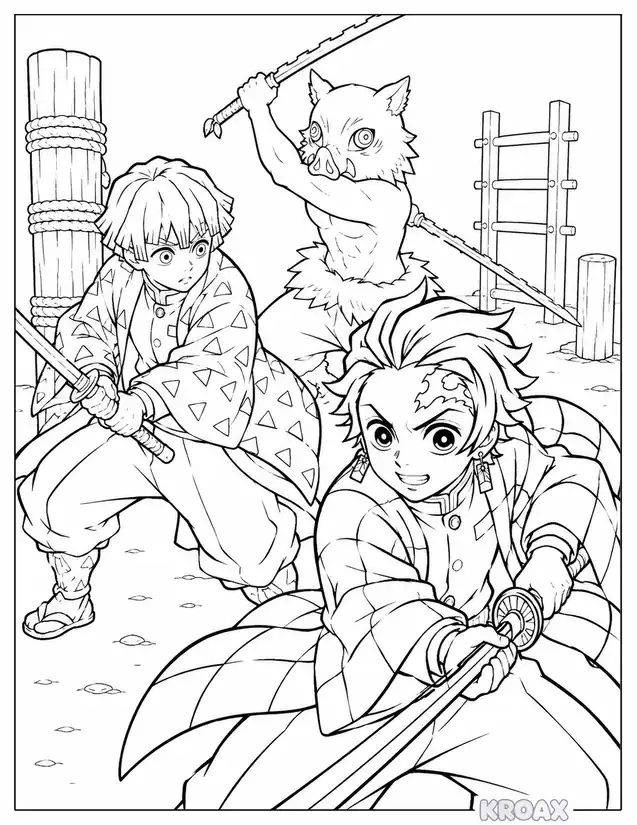 tanjiro and friends training together printable coloring page