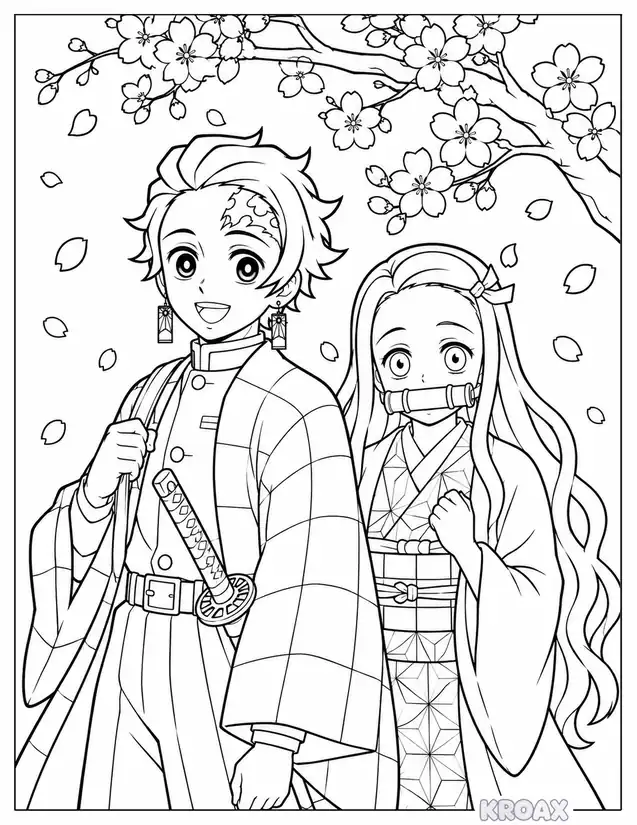 tanjiro and nezuko cherry blossom scene printable coloring page