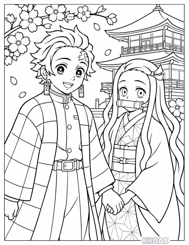 tanjiro and nezuko sibling bond printable coloring page