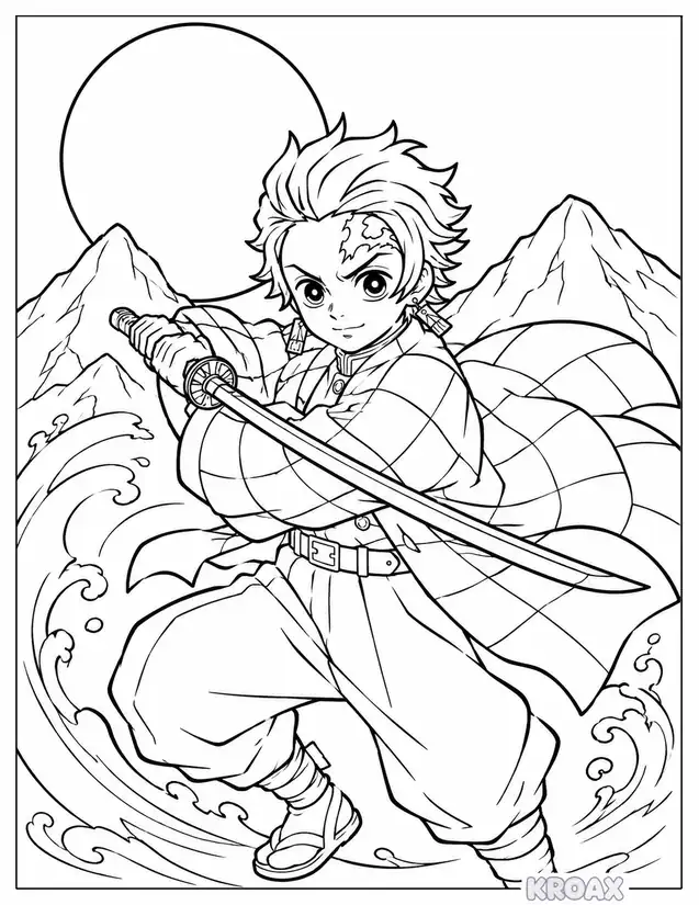 tanjiro sword dance in moonlight printable coloring page