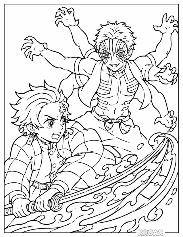 tanjiro versus upper moon demon printable coloring page