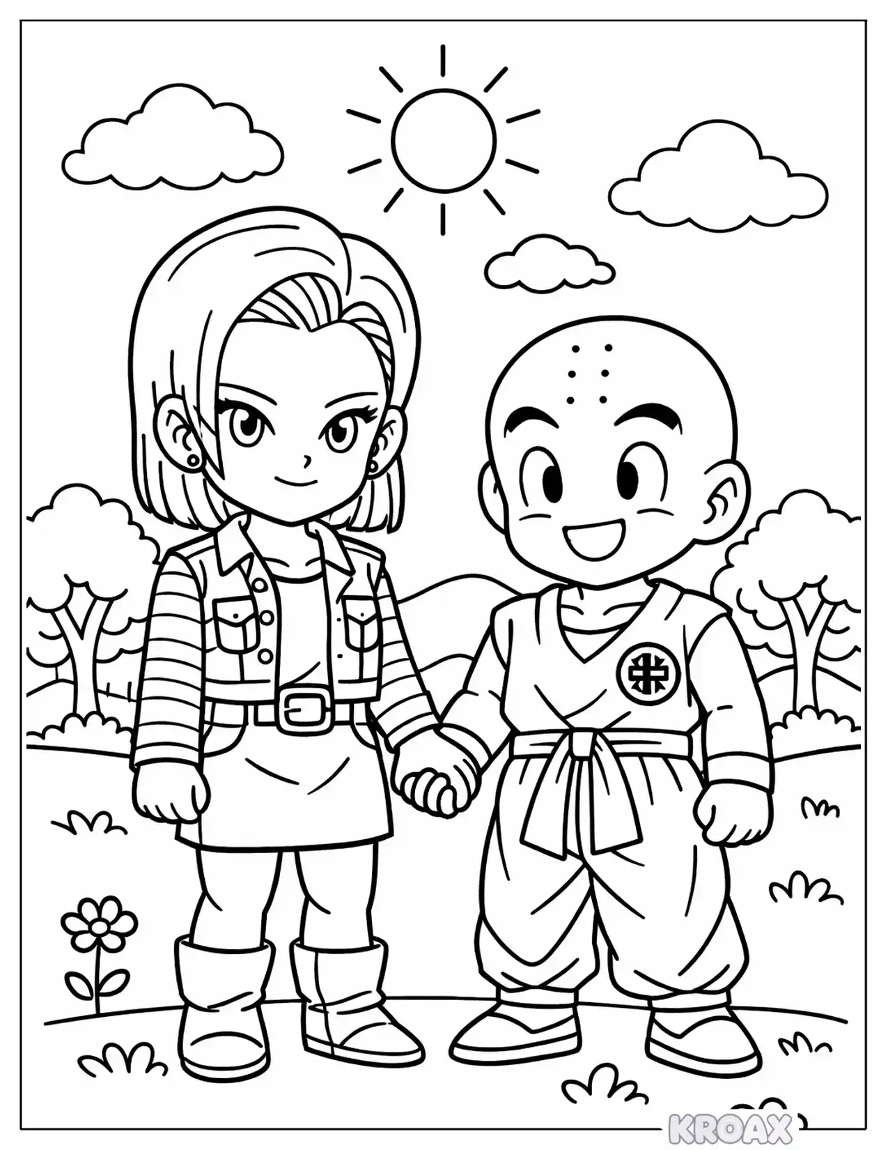 android 18 and krillin peaceful moment printable coloring page