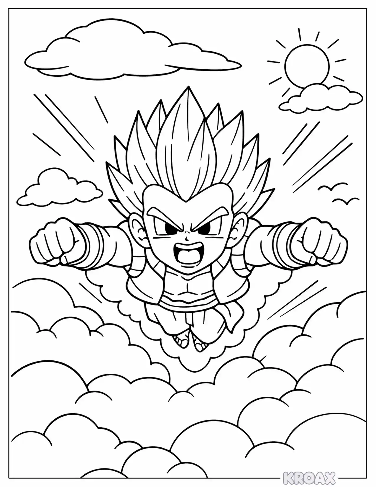 gotenks flying through colorful clouds printable coloring page