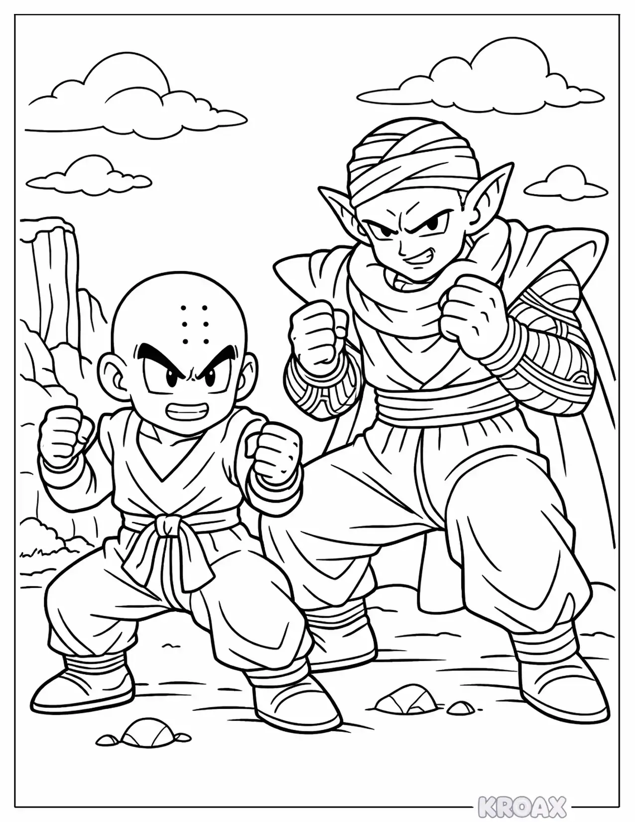 krillin and piccolo team battle formation printable coloring page
