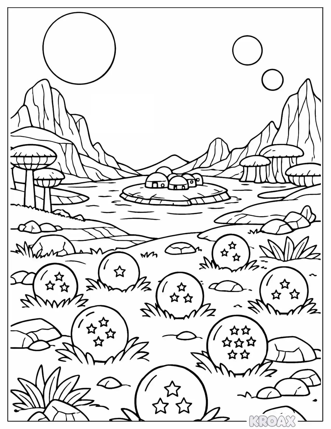 namek planet landscape with dragon balls printable coloring page