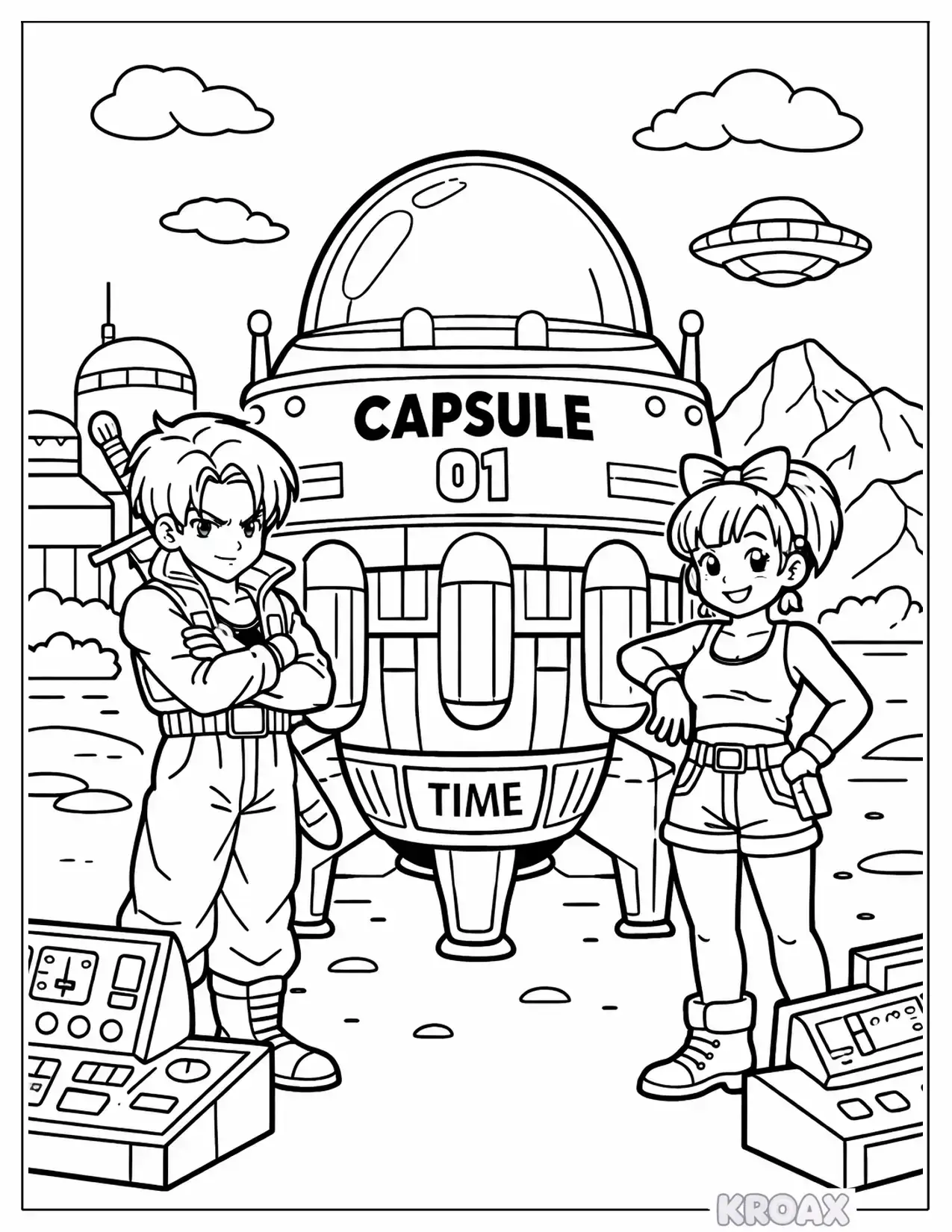 trunks and bulma time machine adventure printable coloring page