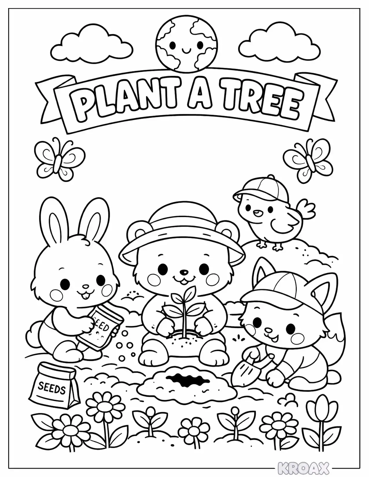 baby animals planting seeds together printable coloring page