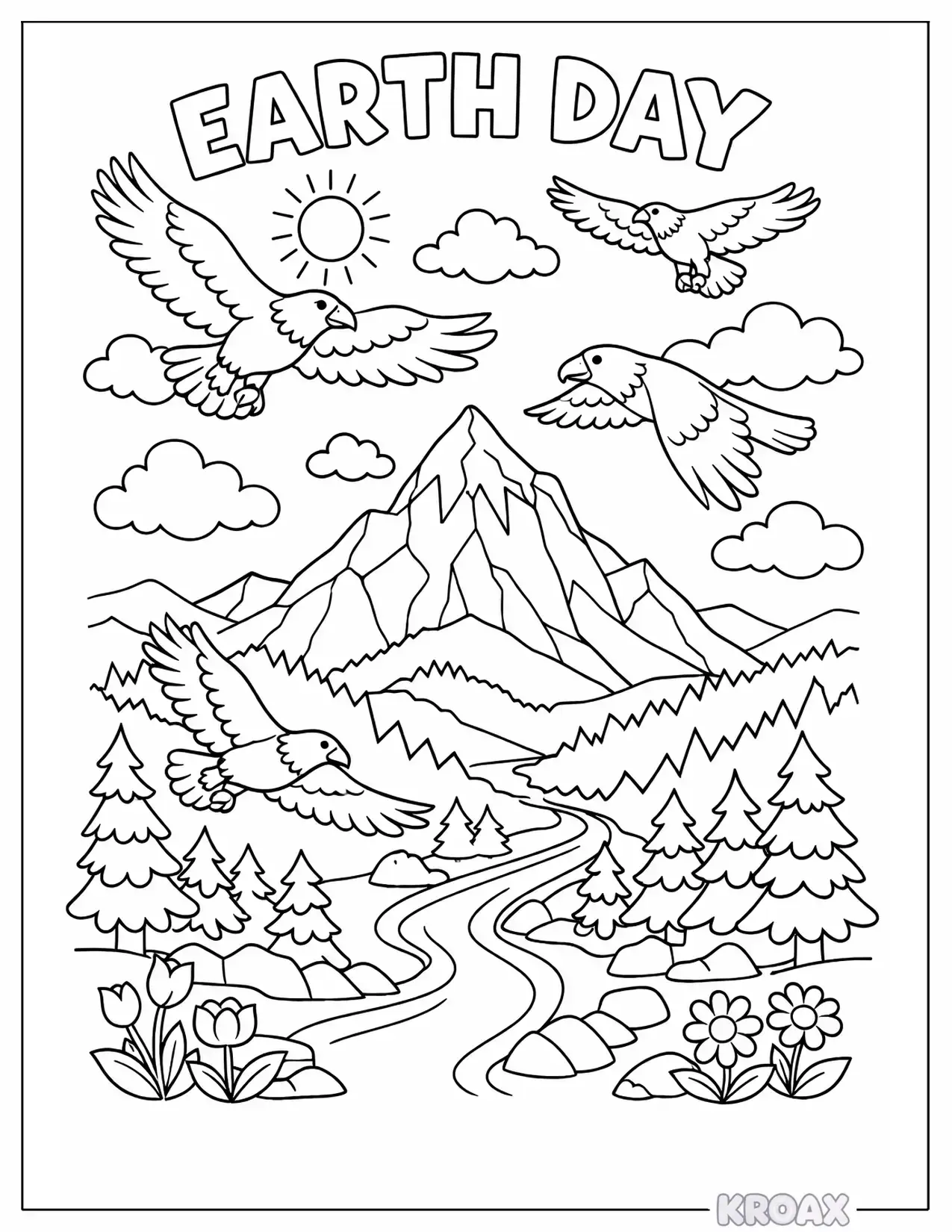 bold mountain peak with soaring eagles printable coloring page