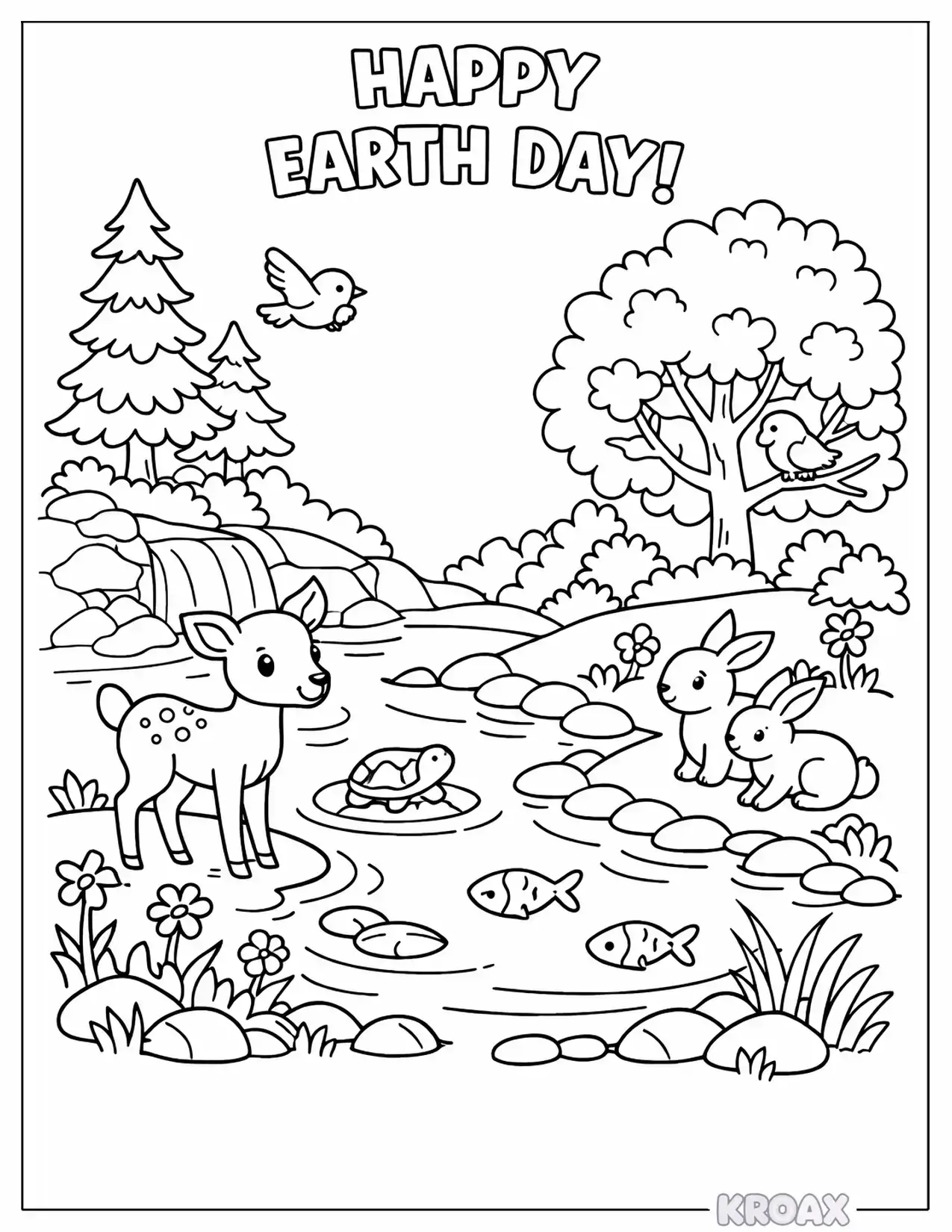 calm forest stream with woodland creatures printable coloring page