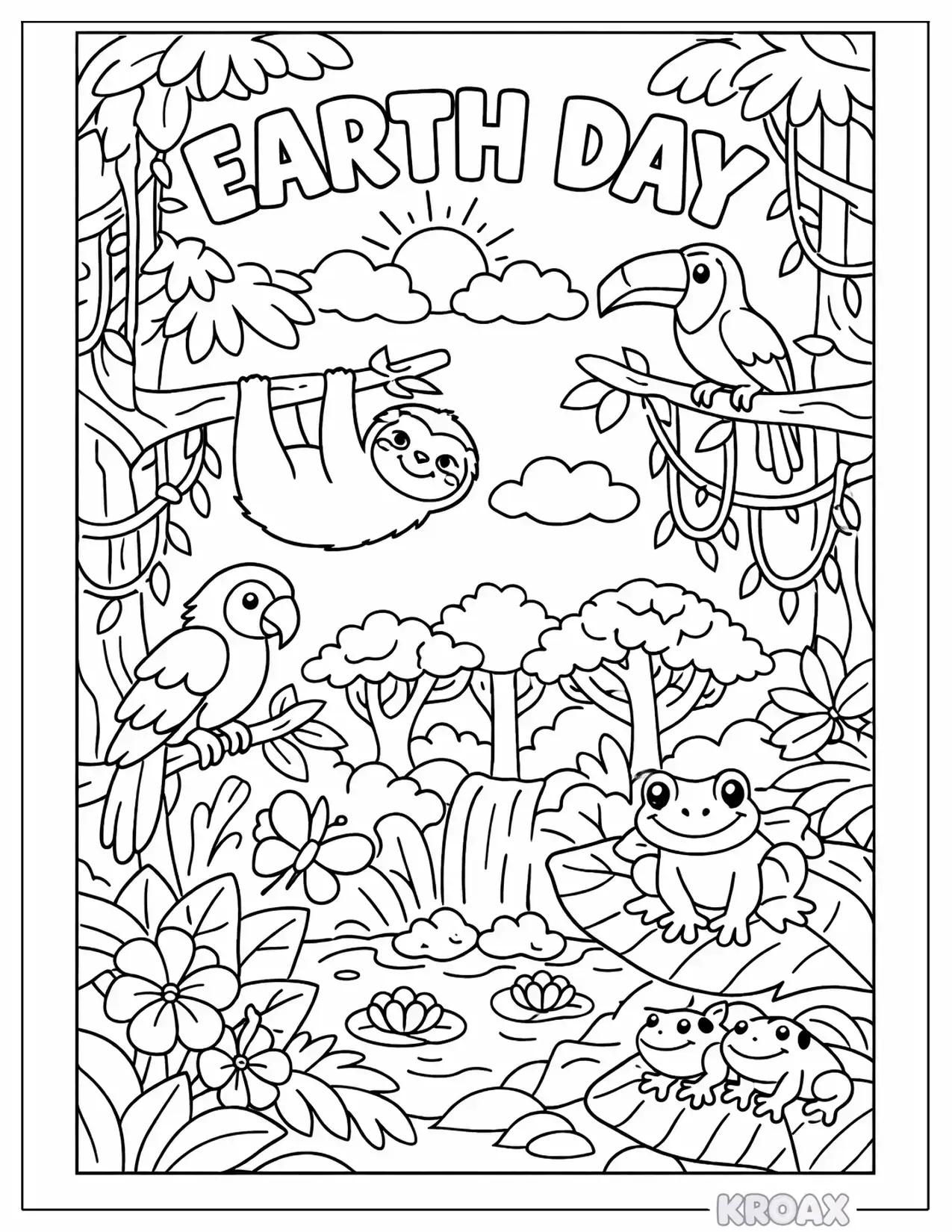 calm rainforest canopy scene printable coloring page