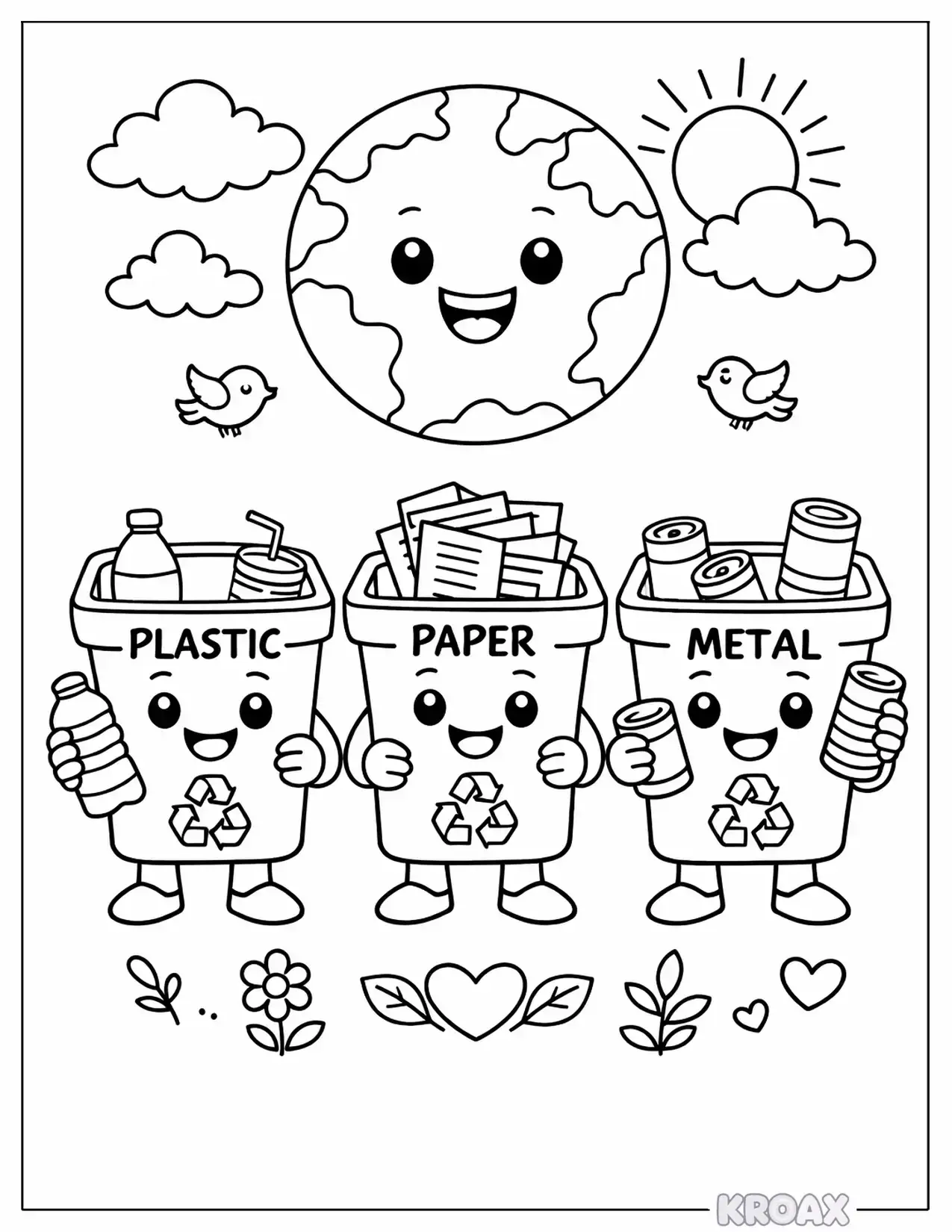 colorful recycling bin characters printable coloring page