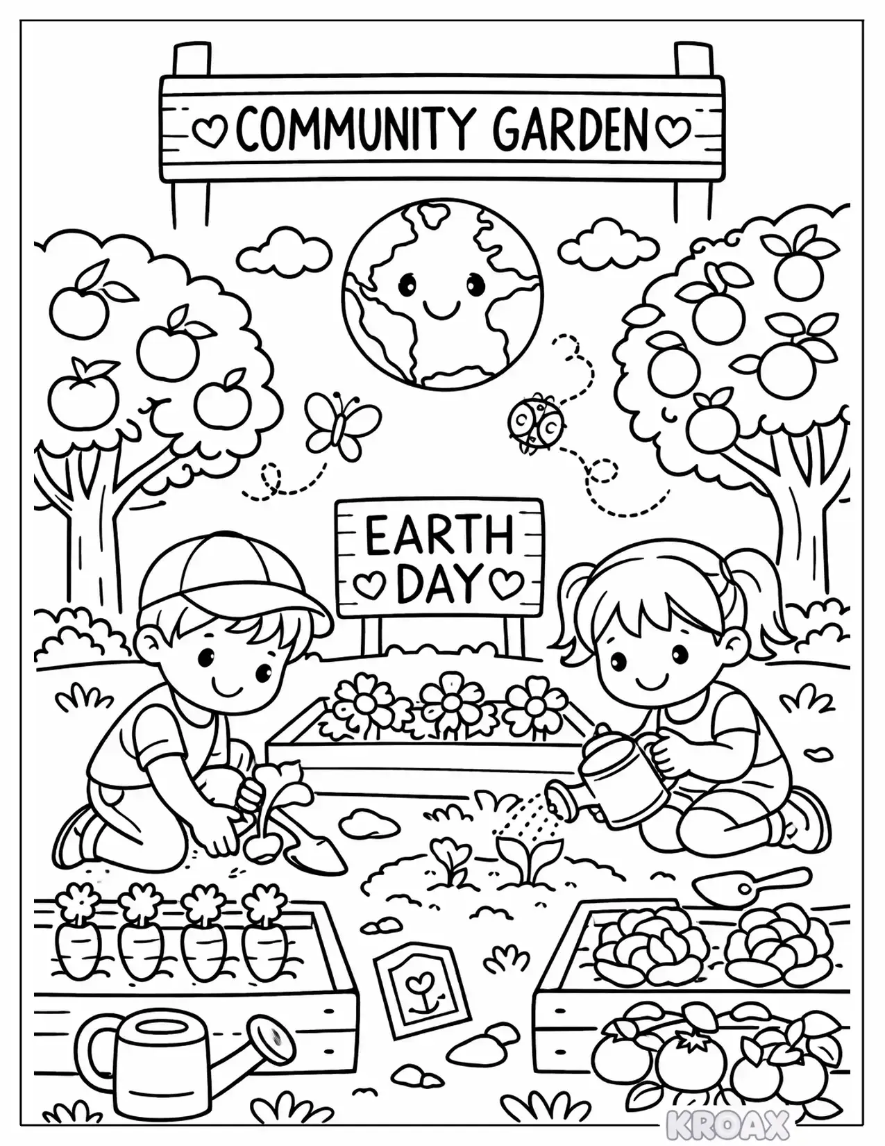 cozy green community garden printable coloring page