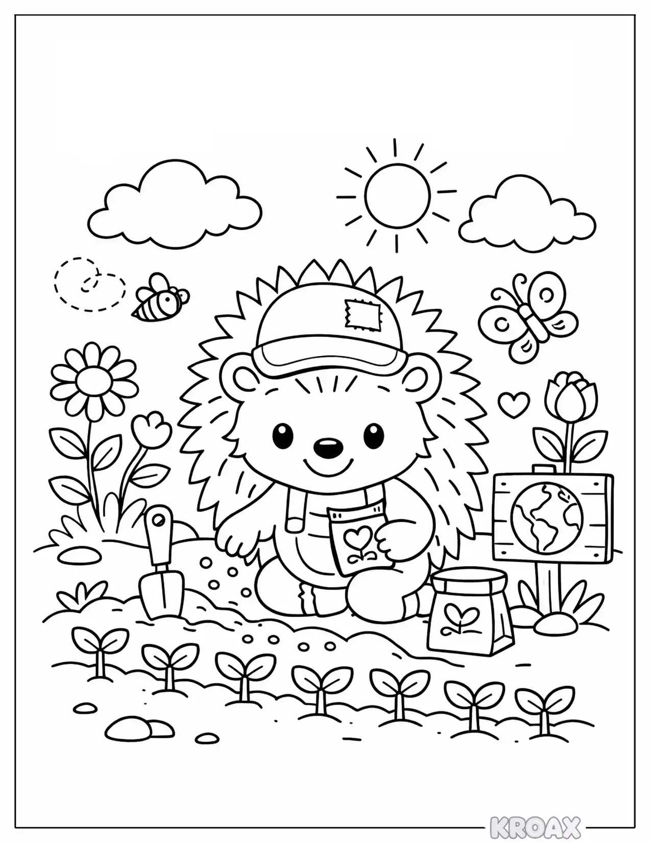 cute hedgehog helping nature grow printable coloring page
