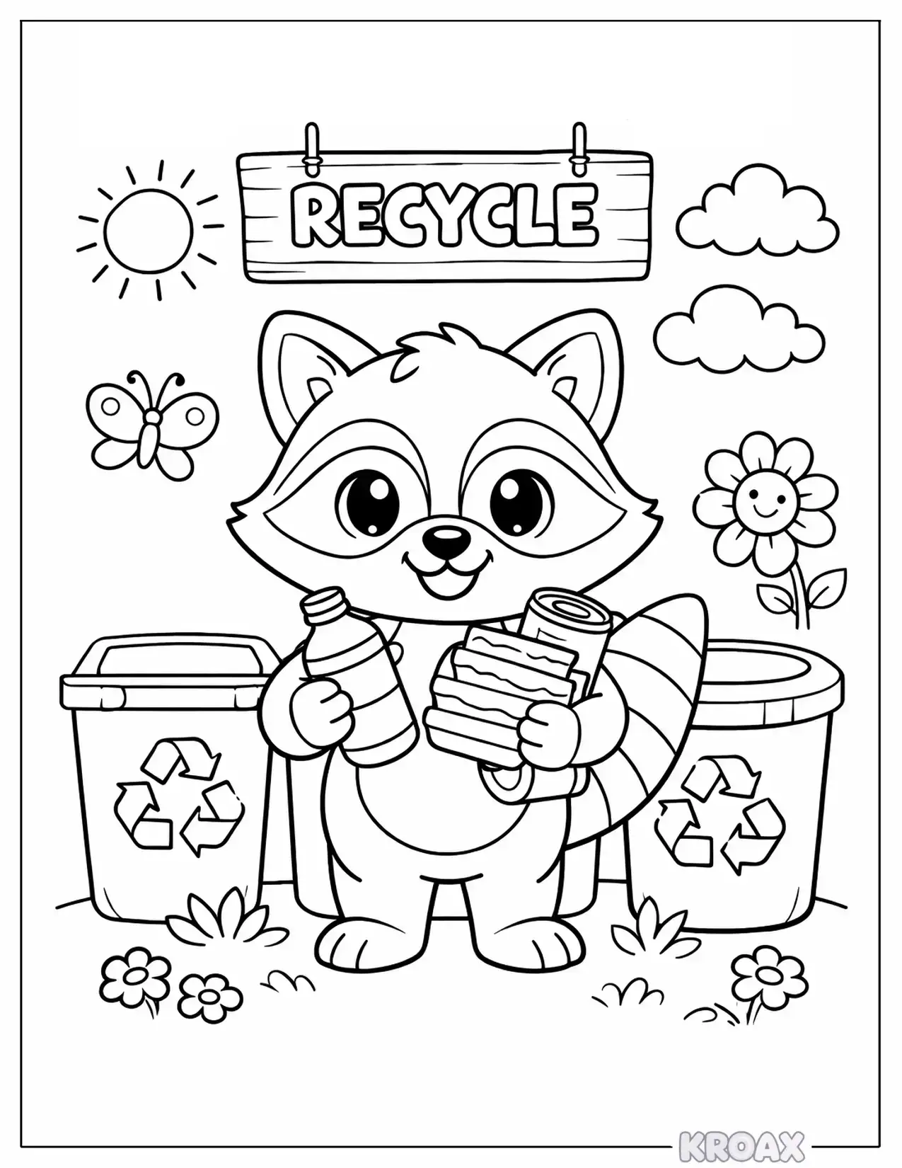 cute raccoon recycling day adventure printable coloring page