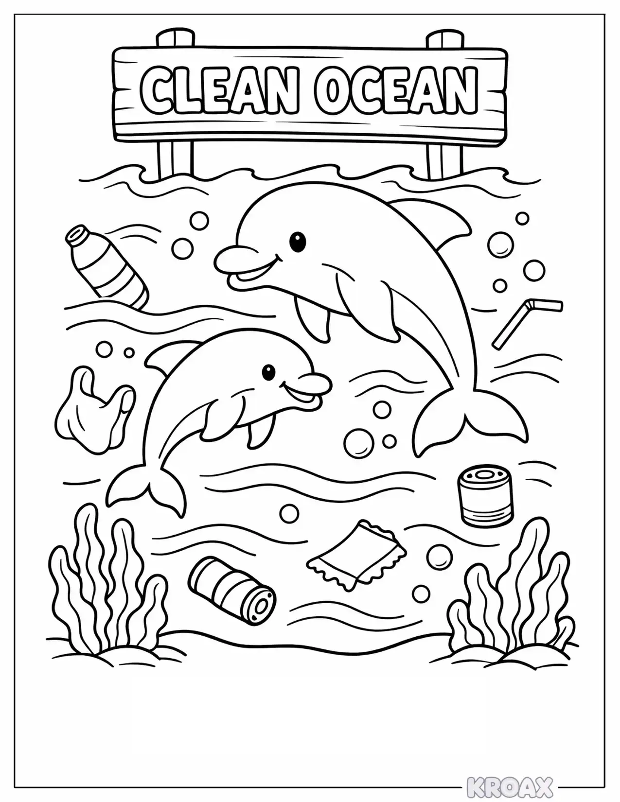 dolphin friends cleaning blue ocean printable coloring page