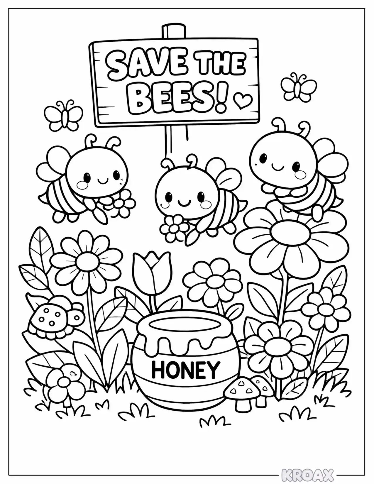 kawaii bee garden paradise printable coloring page