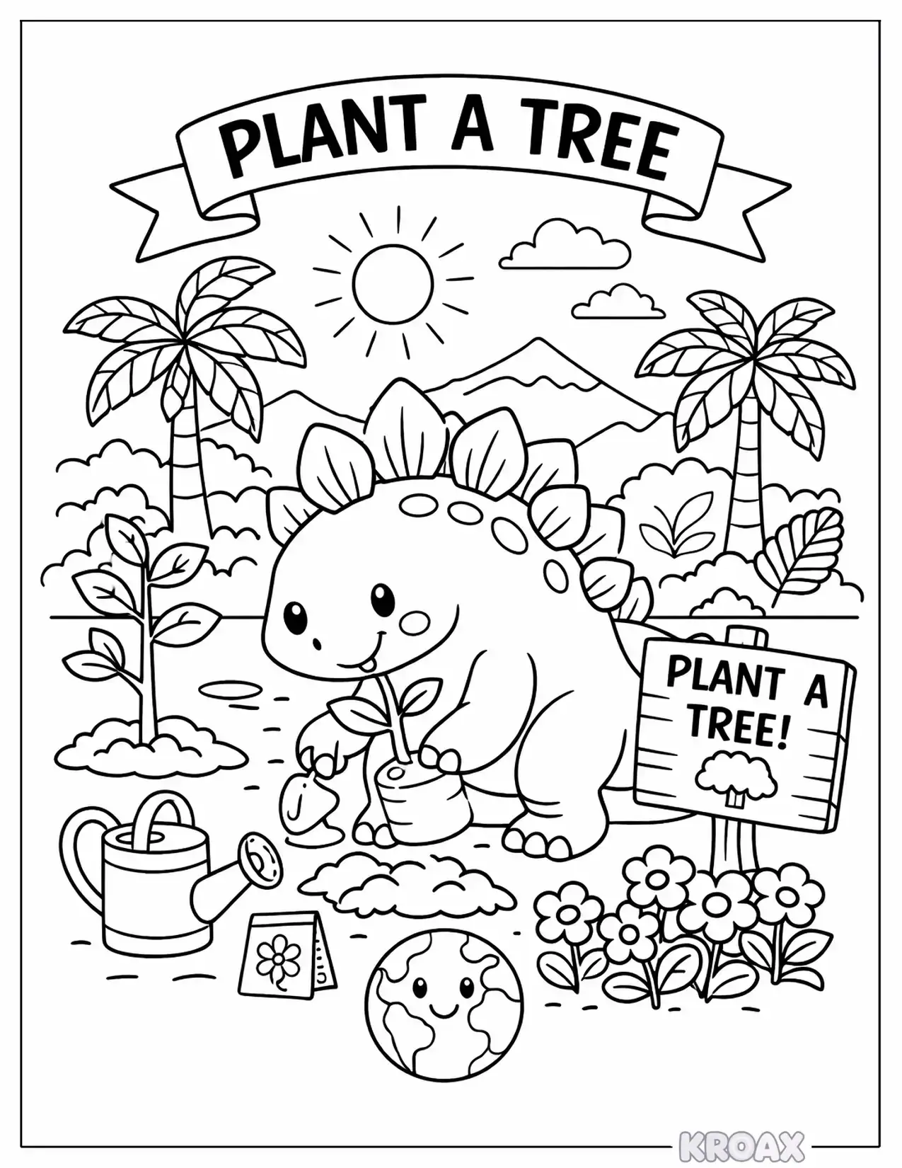 stegosaurus jungle planting party printable coloring page