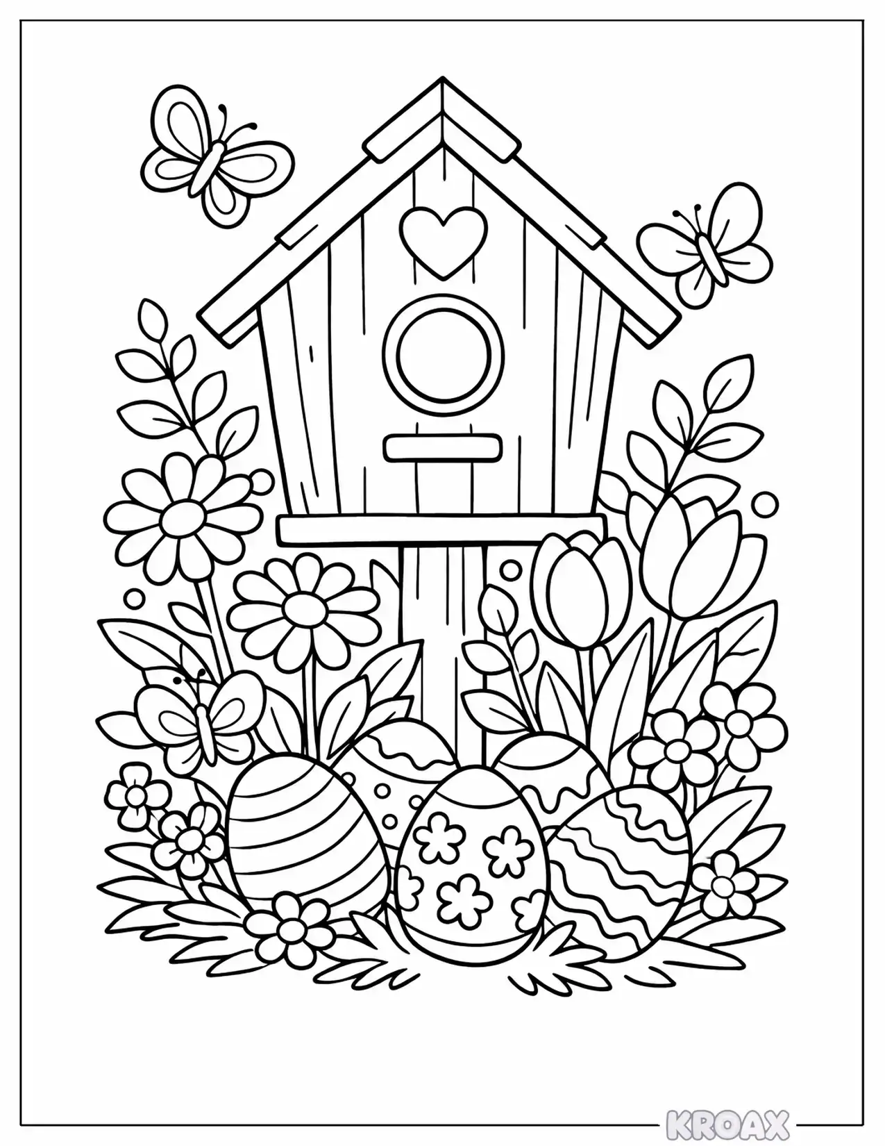 spring birdhouse with easter eggs printable coloring page