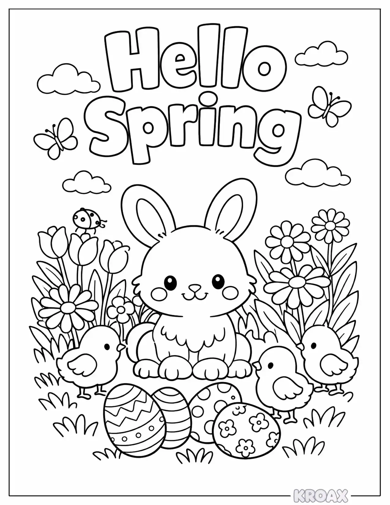 spring garden with bunny and chicks printable coloring page