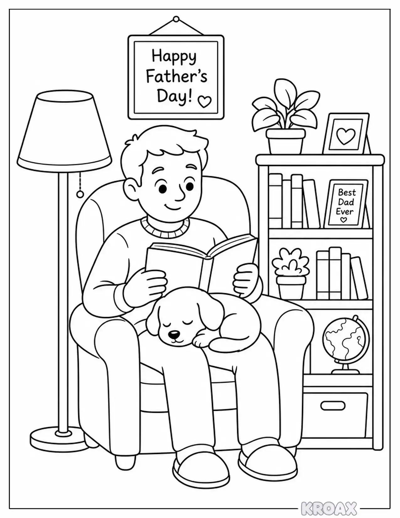 calm dad reading with sleeping puppy printable coloring page
