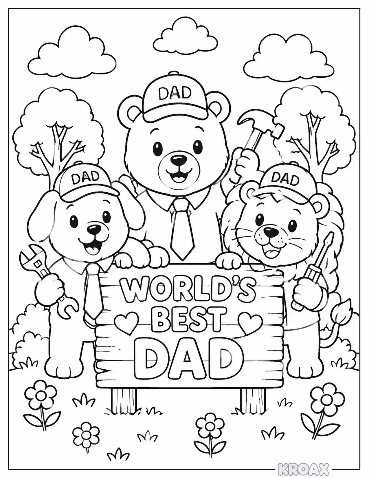 cute animals wearing dad hats and ties printable coloring page