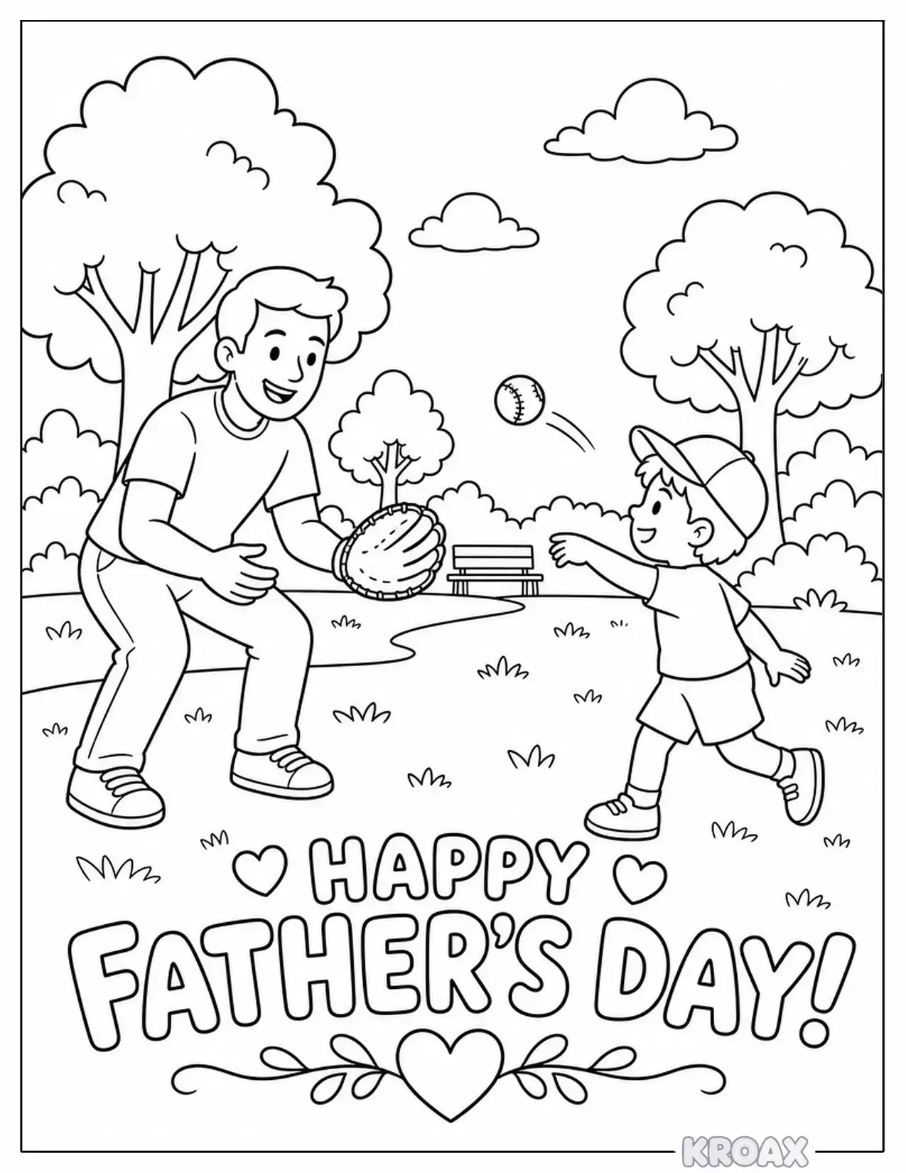 dad and child playing catch printable coloring page