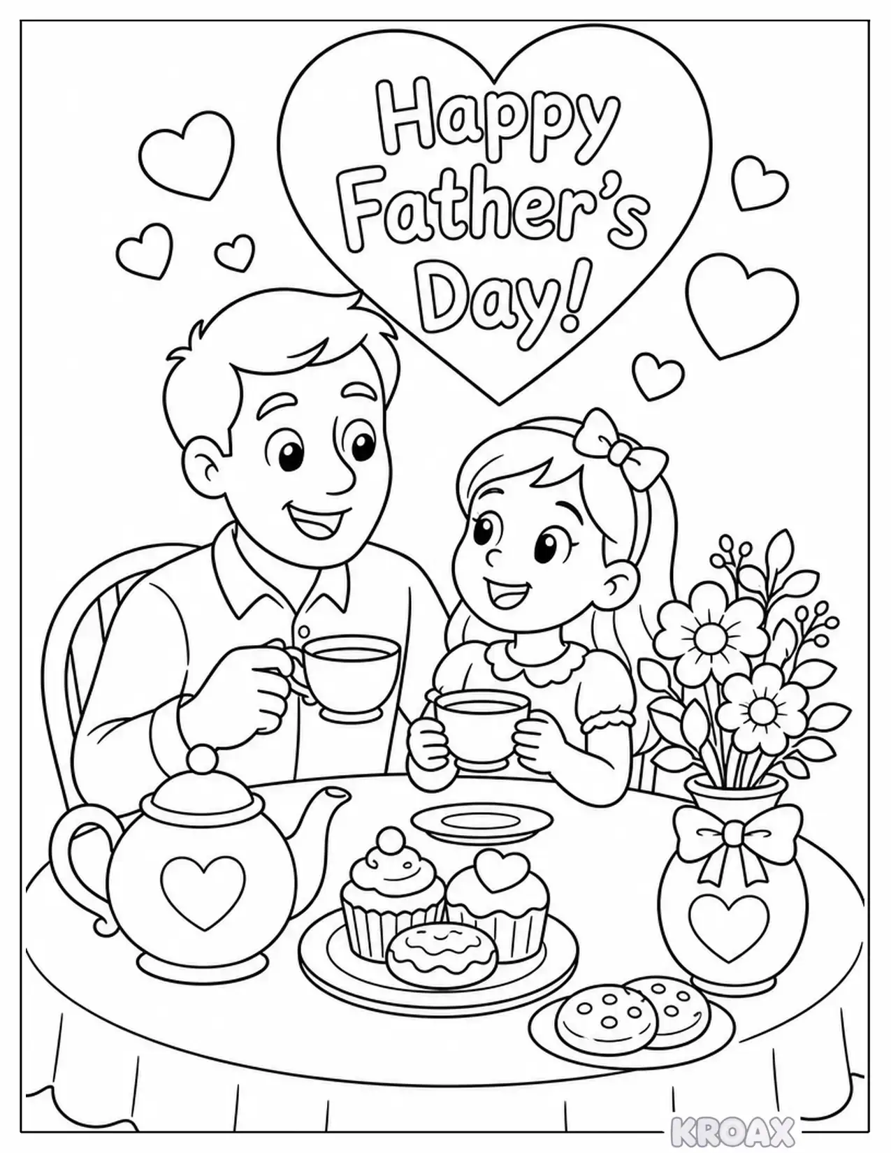 dad and daughter tea party time printable coloring page