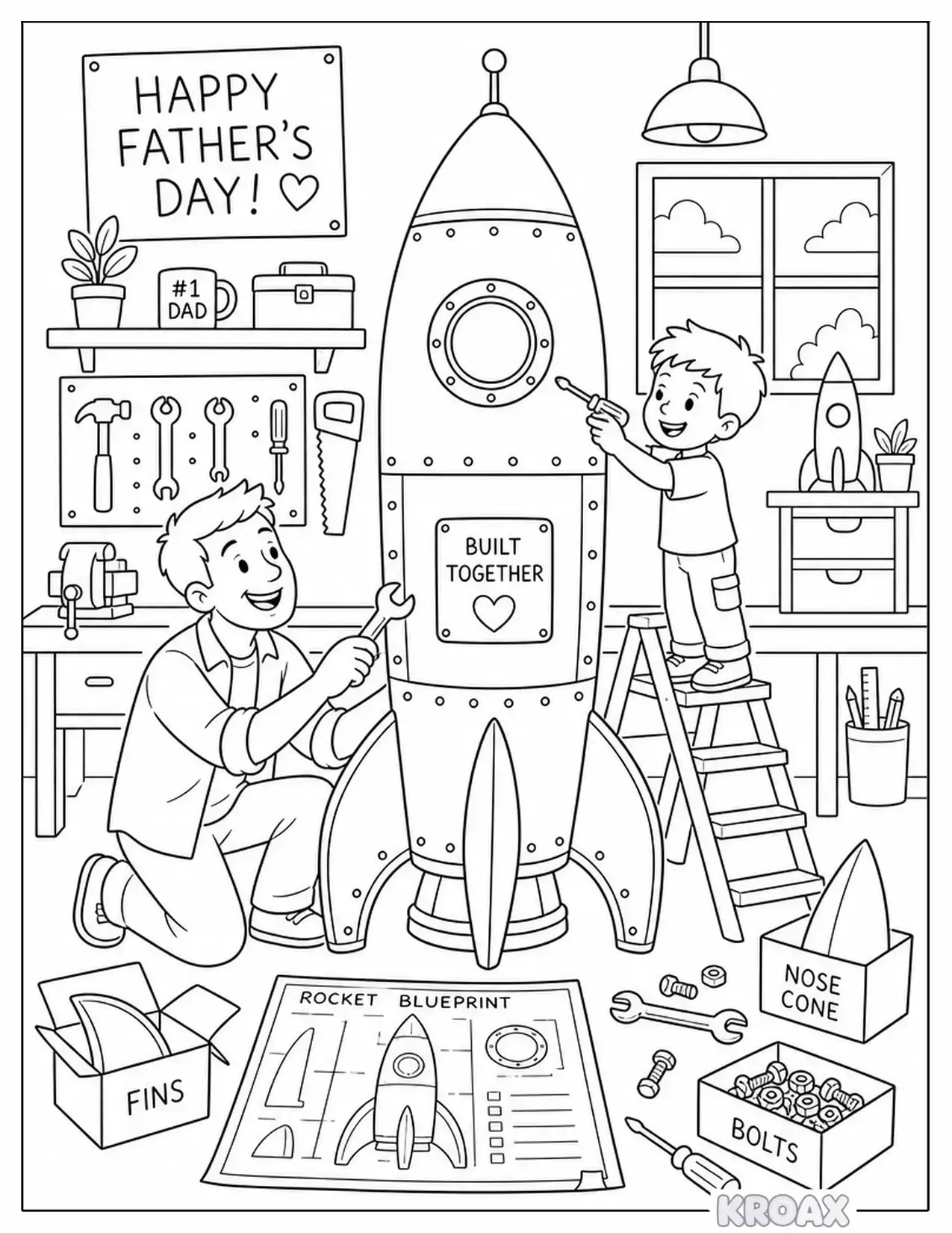 dad and son building a rocket ship printable coloring page