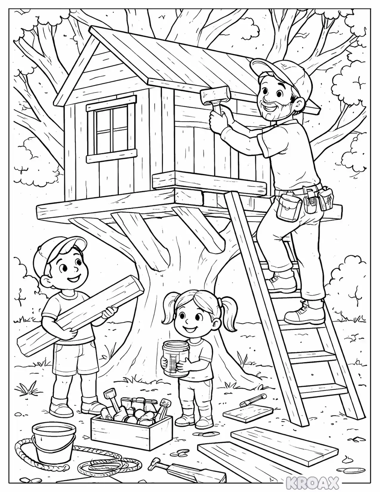 dad building a treehouse with kids printable coloring page