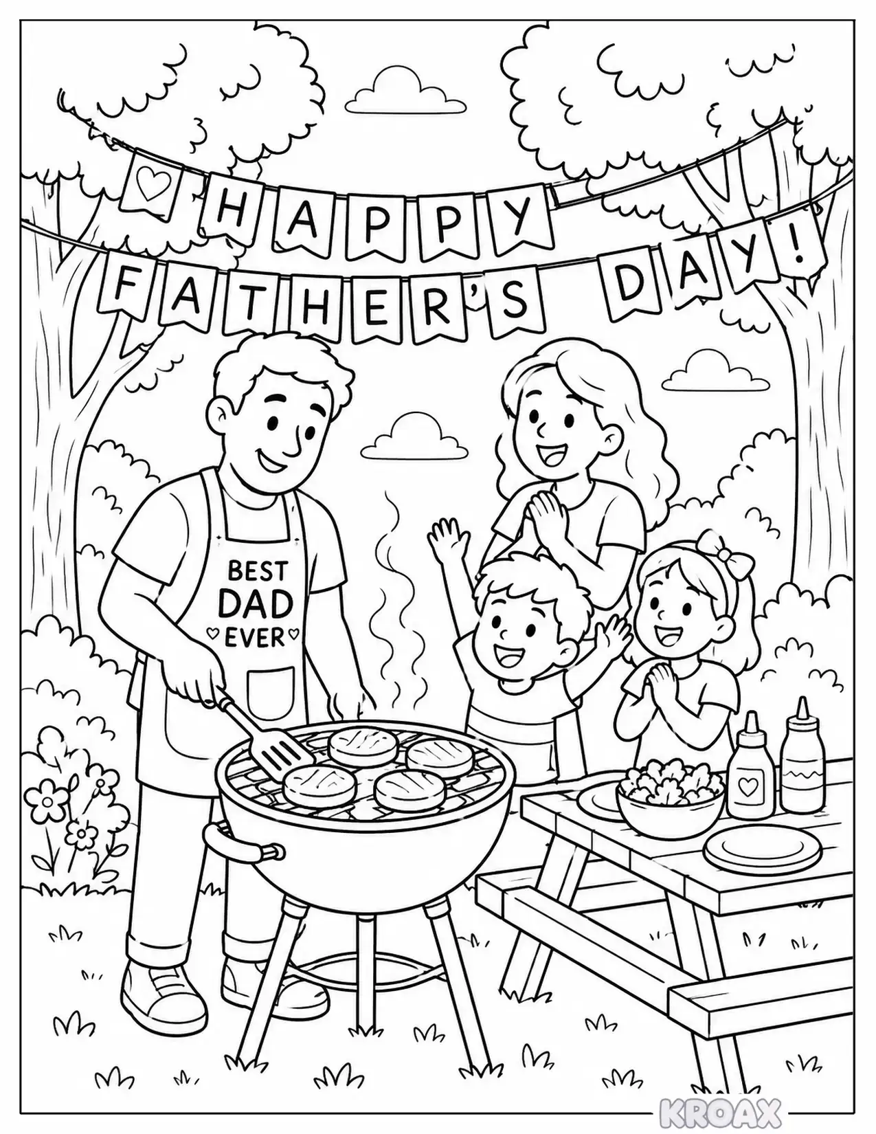 dad grilling burgers with family cheering printable coloring page