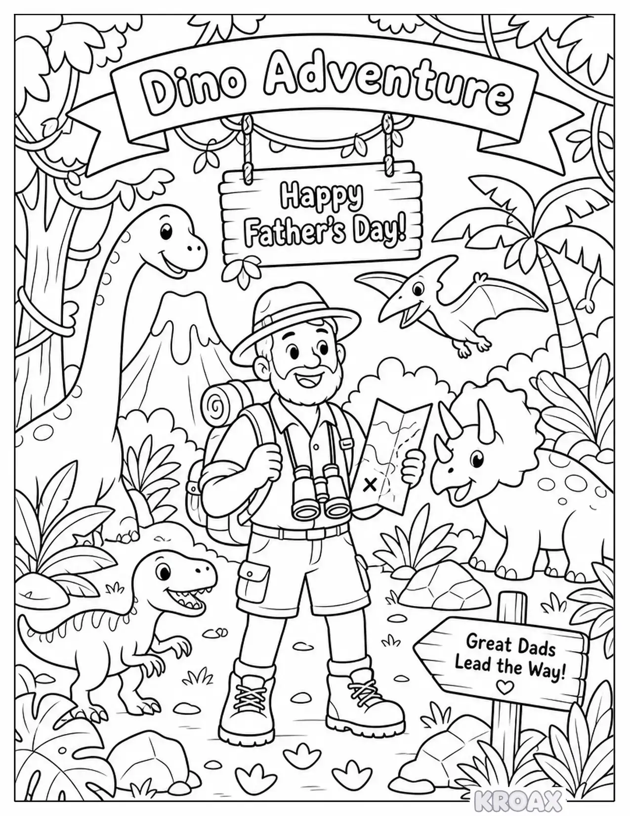dad s adventure with dinosaurs printable coloring page