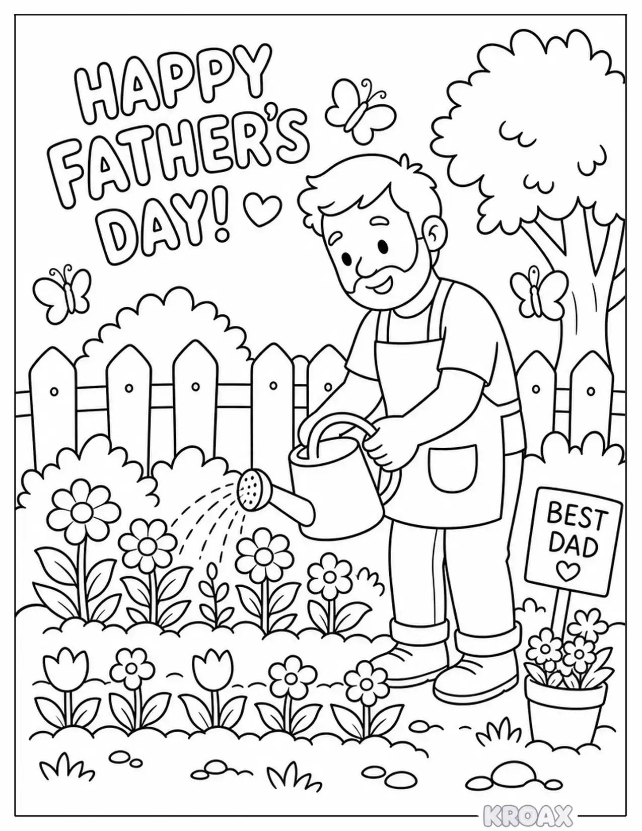 dad s garden with growing flowers and butterflies printable coloring page