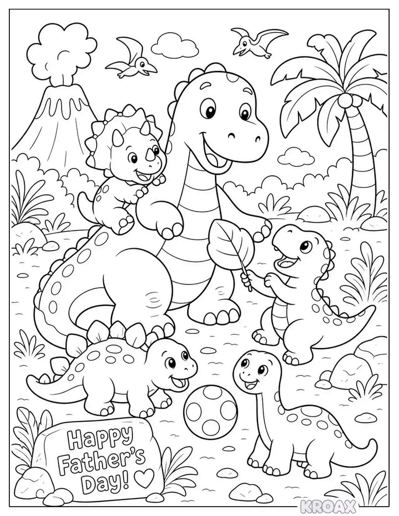 dinosaur dad with little dino friends printable coloring page