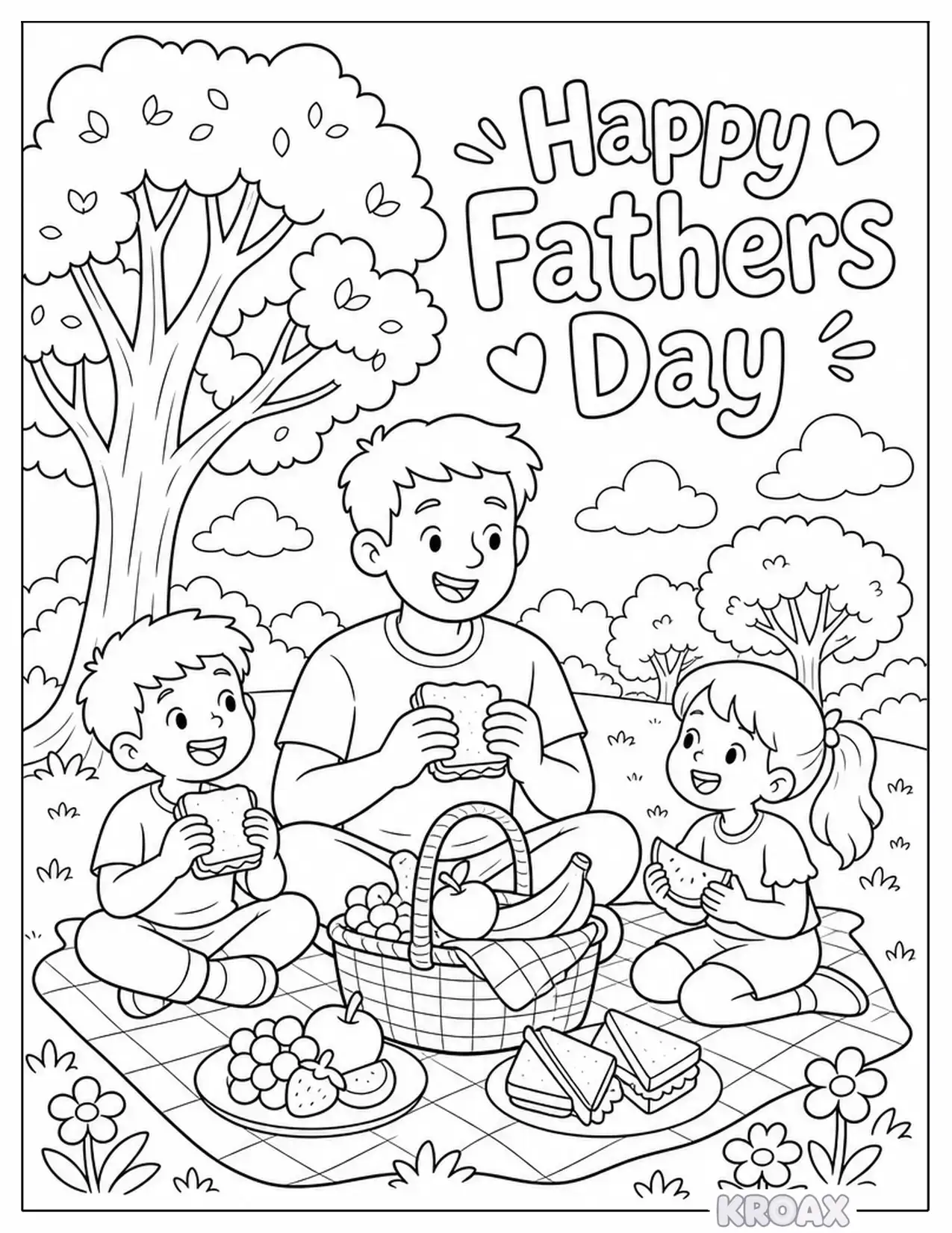 father s day picnic in the park printable coloring page