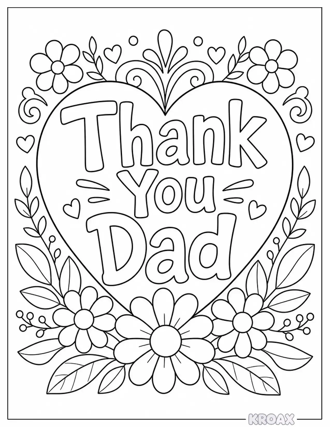 thank you dad heart and flowers design printable coloring page