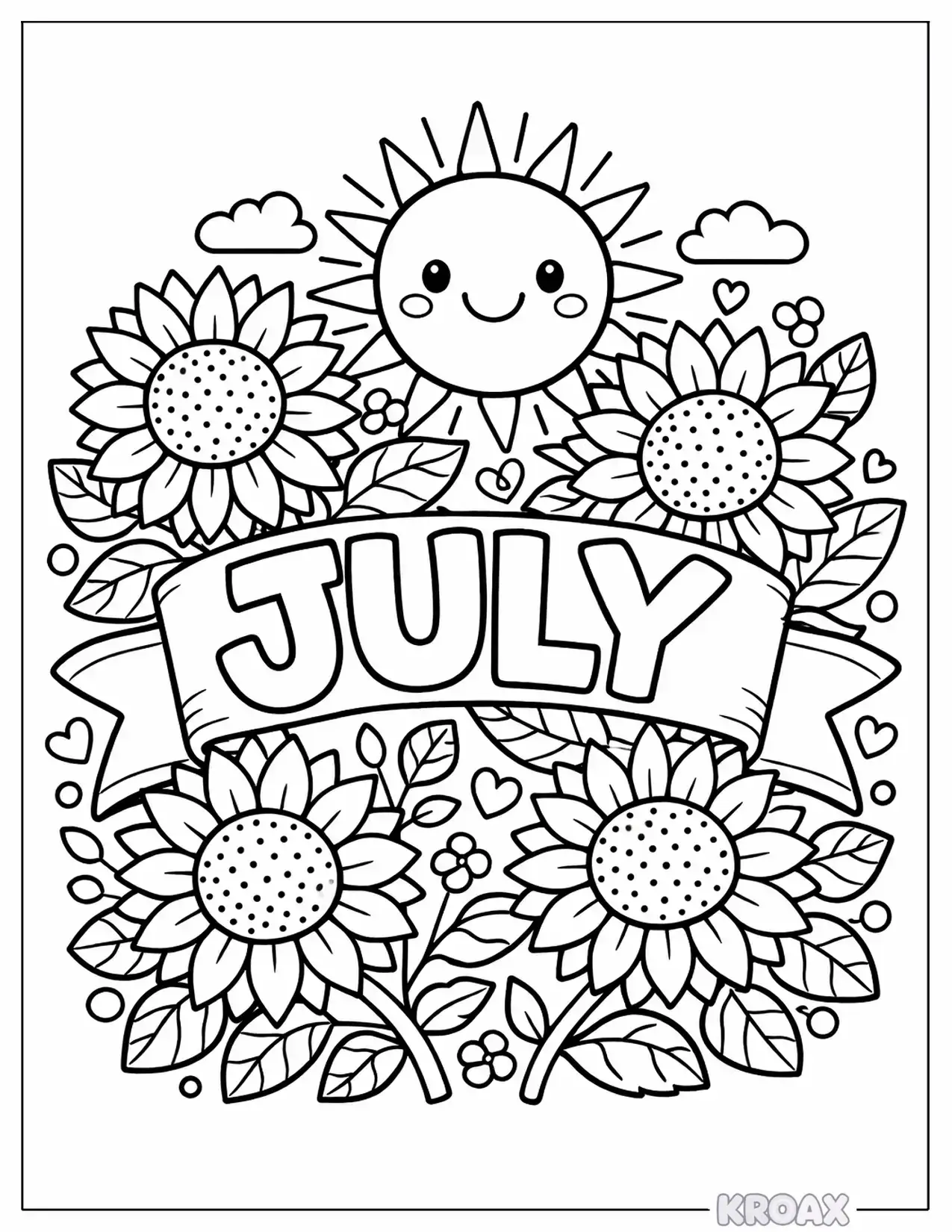 bold july banner with sunflowers printable coloring page