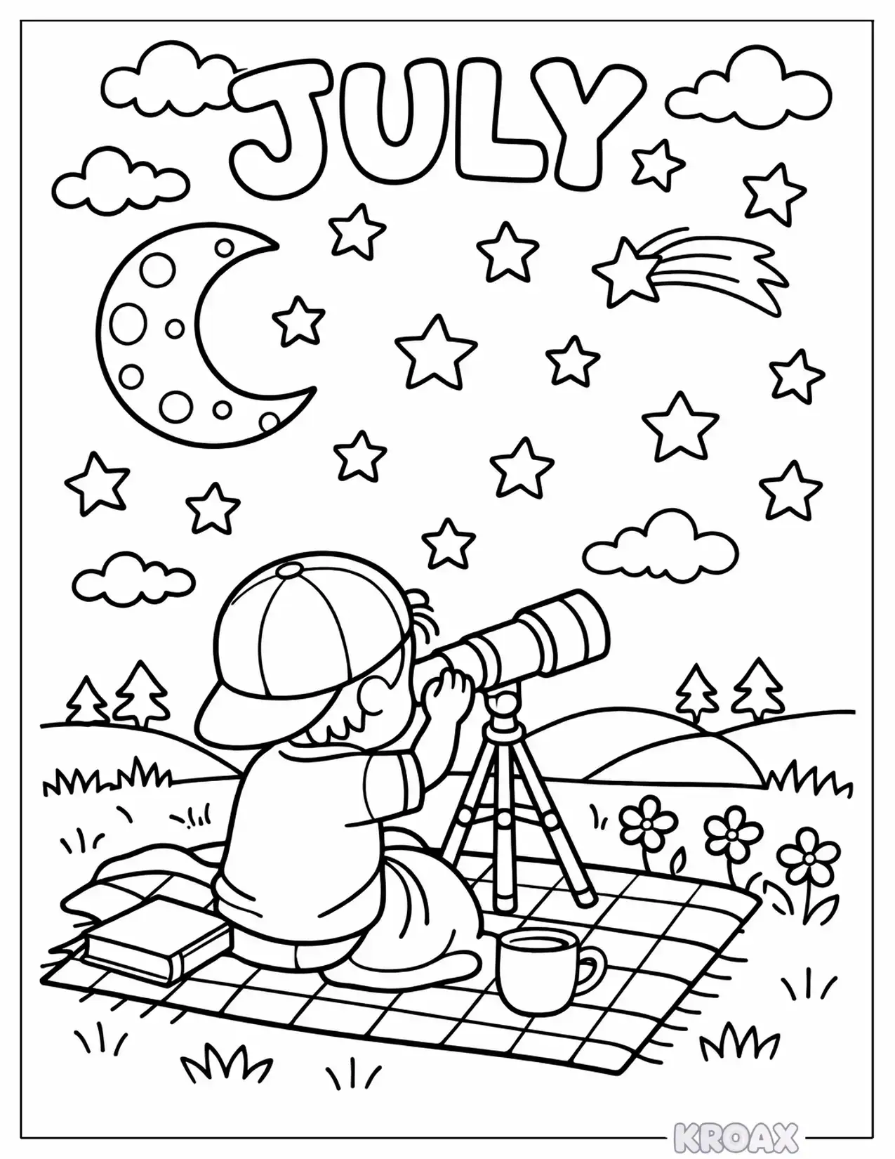 cozy stargazing with telescope and moon printable coloring page