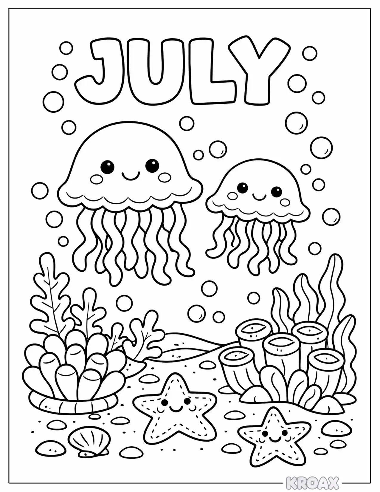 cute jellyfish and coral reef scene printable coloring page