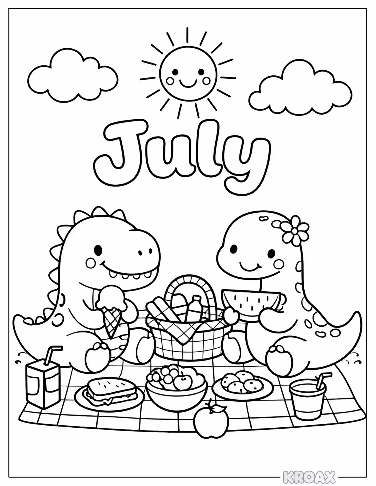 dinosaur picnic in the sunshine printable coloring page