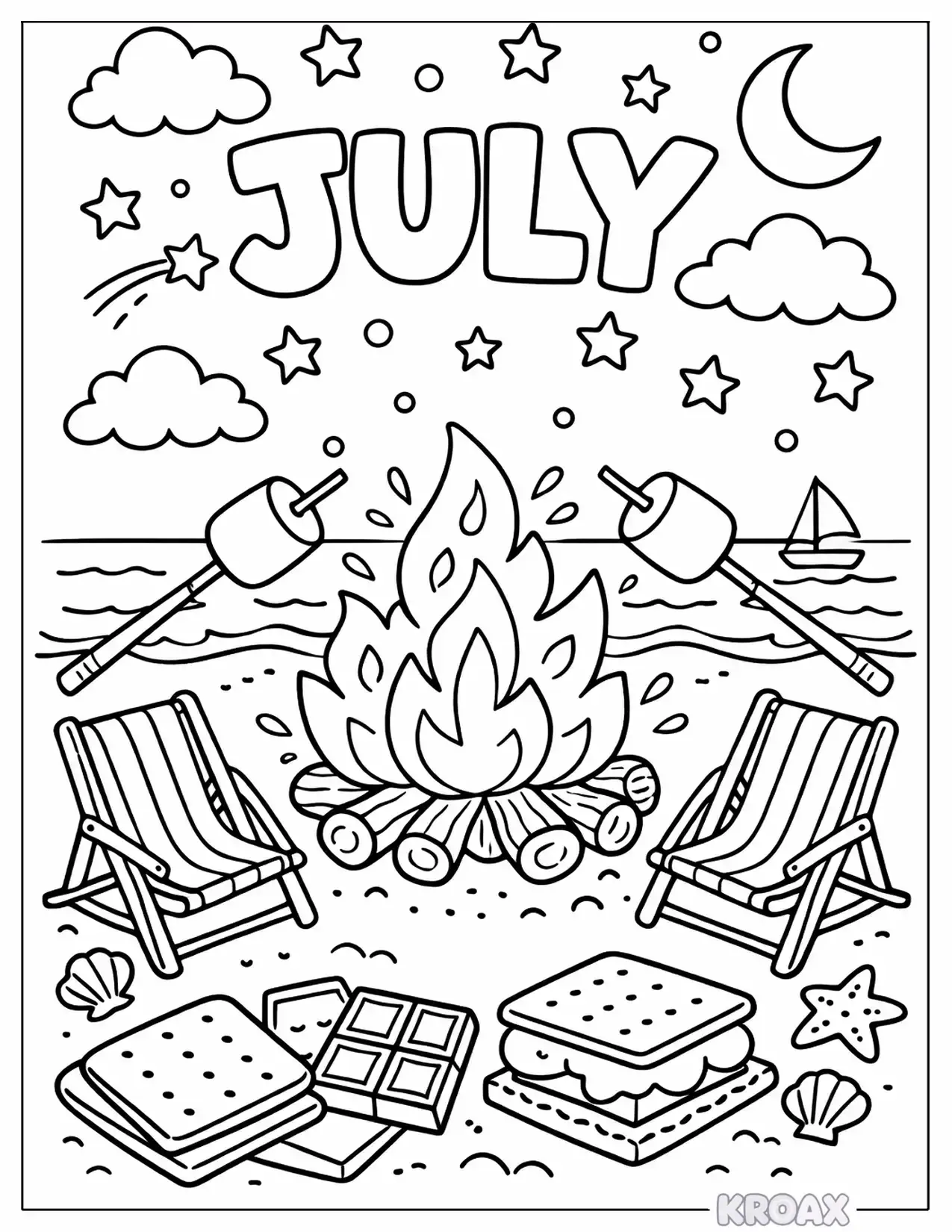 july beach bonfire and s mores printable coloring page