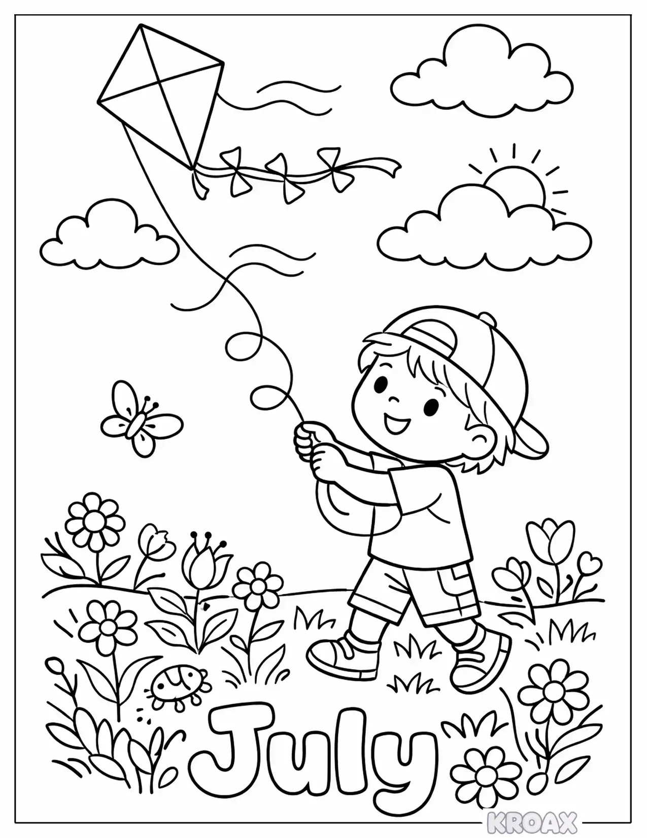 july kite flying over meadow printable coloring page