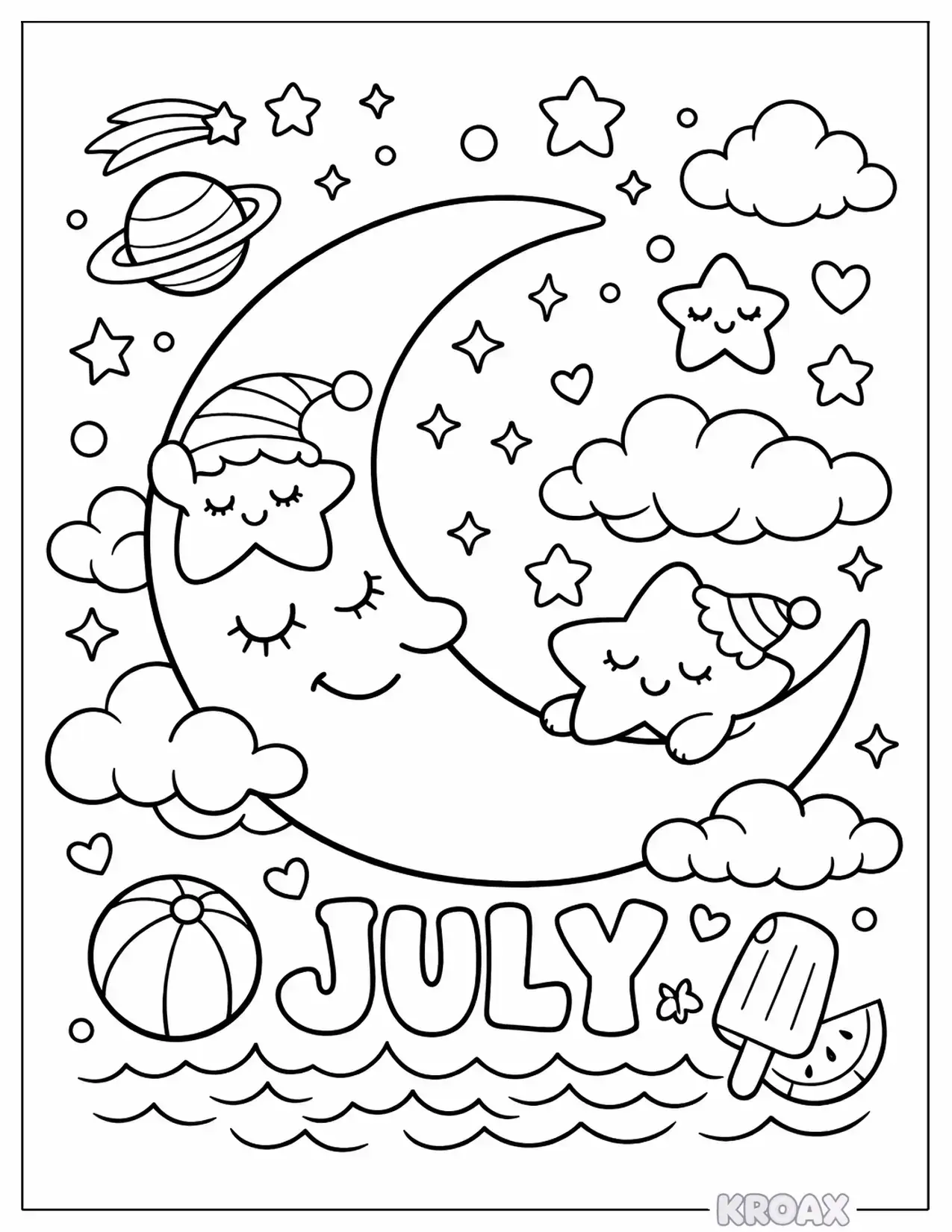 july moon and sleeping stars printable coloring page