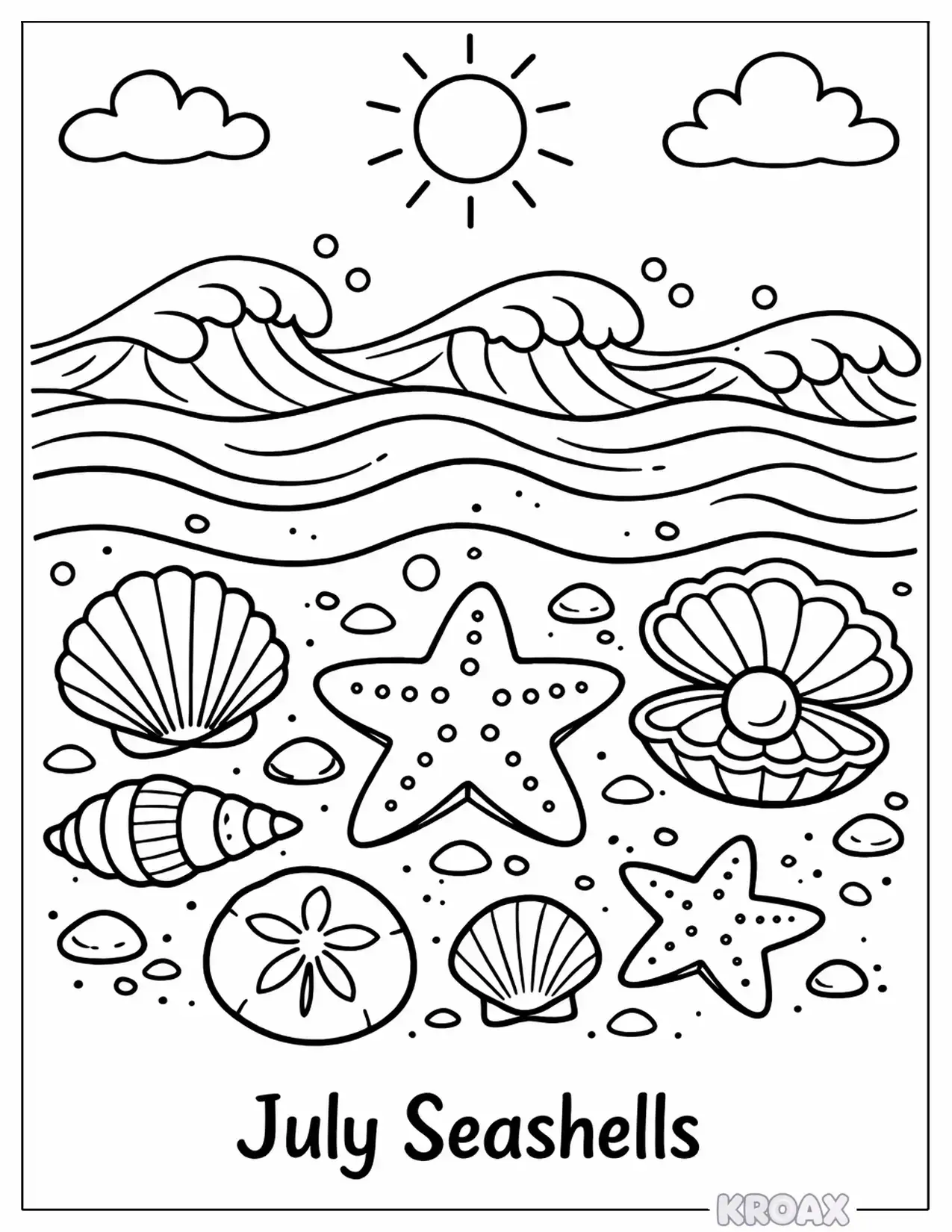 july ocean waves and seashells printable coloring page