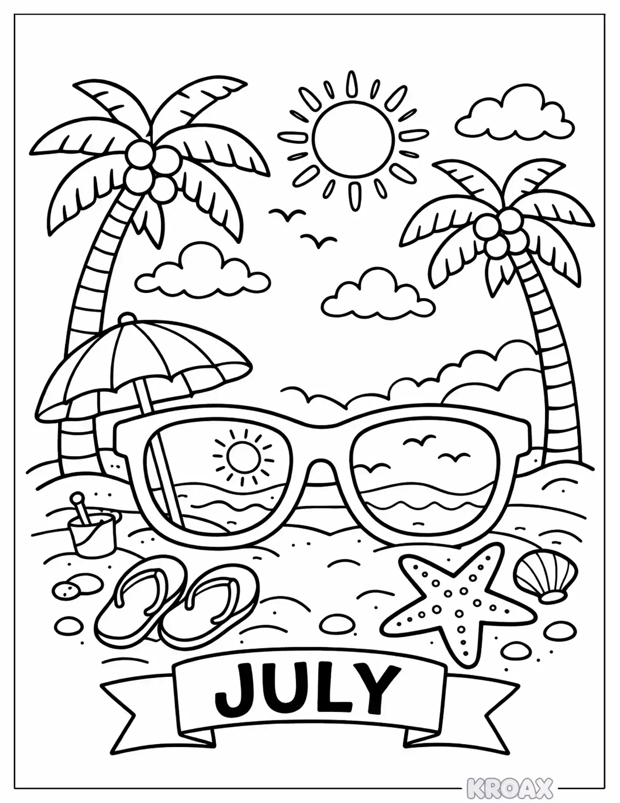 july sunglasses and beach vibes printable coloring page
